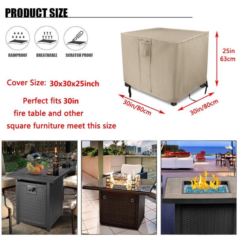 POMER Fire Pit Cover, 30 inch Square Outdoor Gas Fireplace Cover Beige Waterproof Firepit Covers for Propane Fire Pit Table - 30x30x25 inch - Image 2